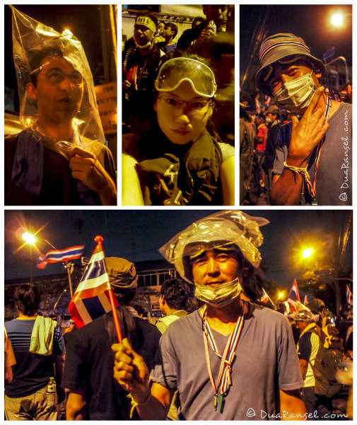 Tear gas survival kits: Goggles, face mask, wet towel,  and plastic bag over the head