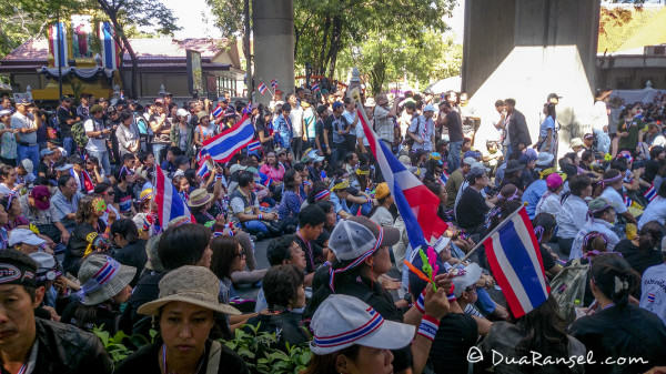 Yellow shirts peaceful riot in front of Police Headquarters Siam Bangkok Thailand