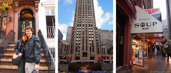 Kiri ke kanan: Townhouse-nya The Cosby Show, 30 Rock (Rockefeller Center), Soup Nazi (Seinfeld)